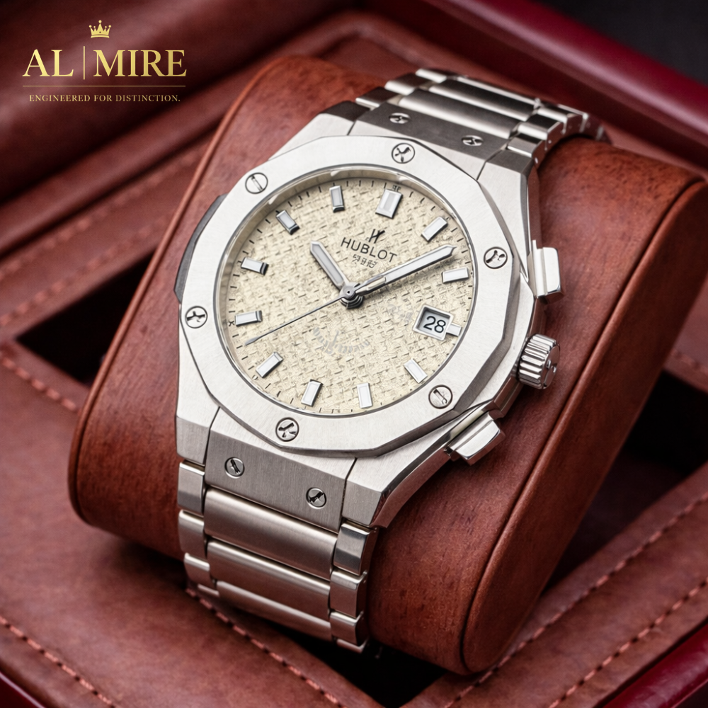 HUBLOT Chronograph – Semi automatic “Sandsteel” Edition Earth-Toned Precision. Industrial Elegance.